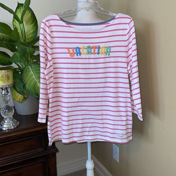 TALBOTS Tee Vacation Stripe in White/Watermelon Shirt Top Large - Picture 3 of 4